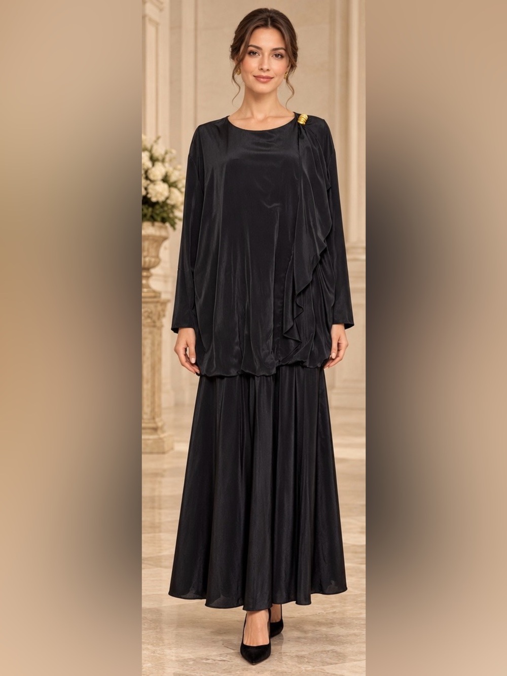 Vintage Vikki Vi California Black Maxi Kaftan Dress Gold Shoulder Detail Size 26